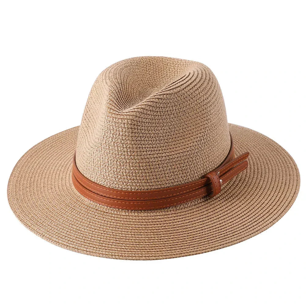 Men's Straw Fedora Hat with Brown Leather Band Lightweight Sun Protection — Image 6