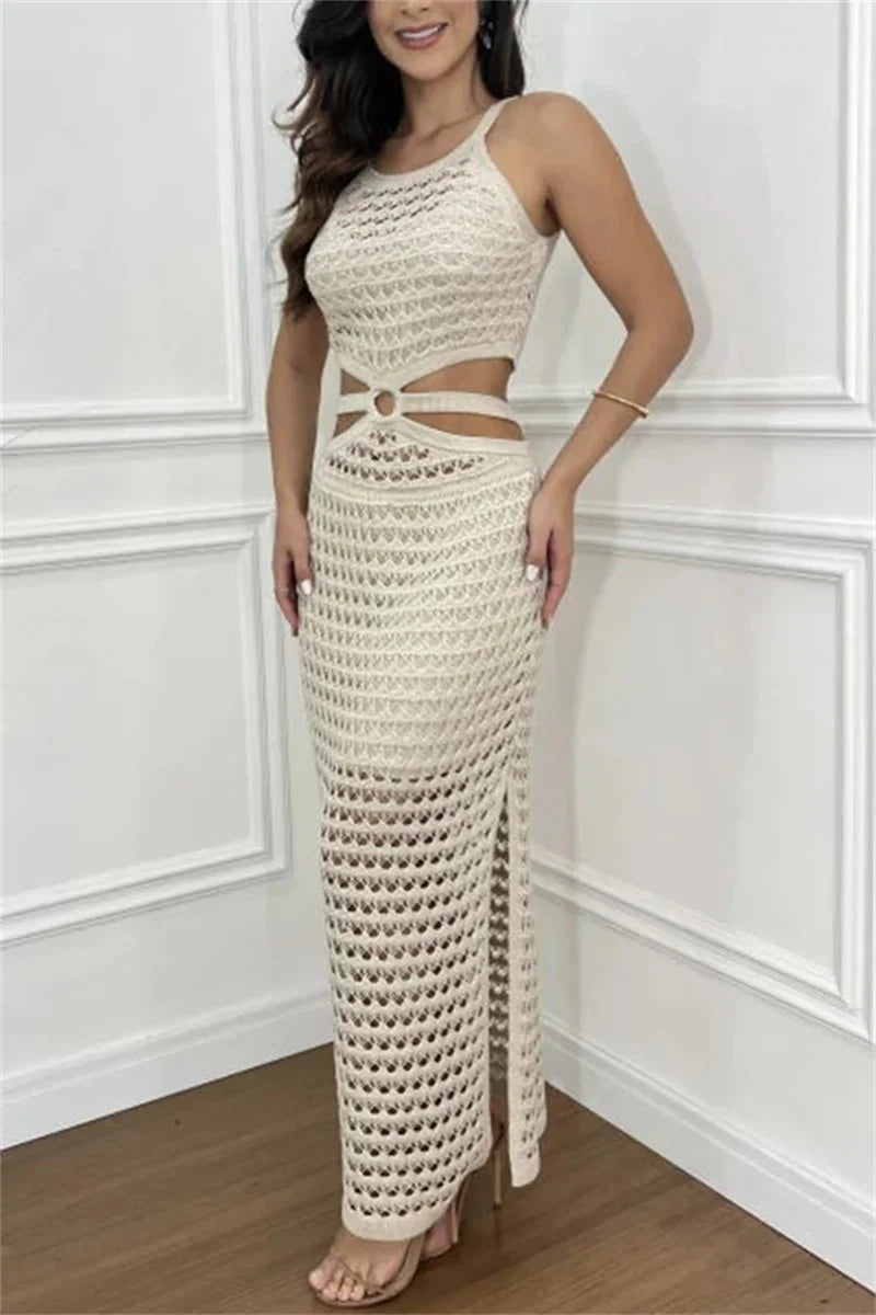 Elegant Crochet Maxi Dress Women Sleeveless Cut-Out Detail White Green Beige — Image 6