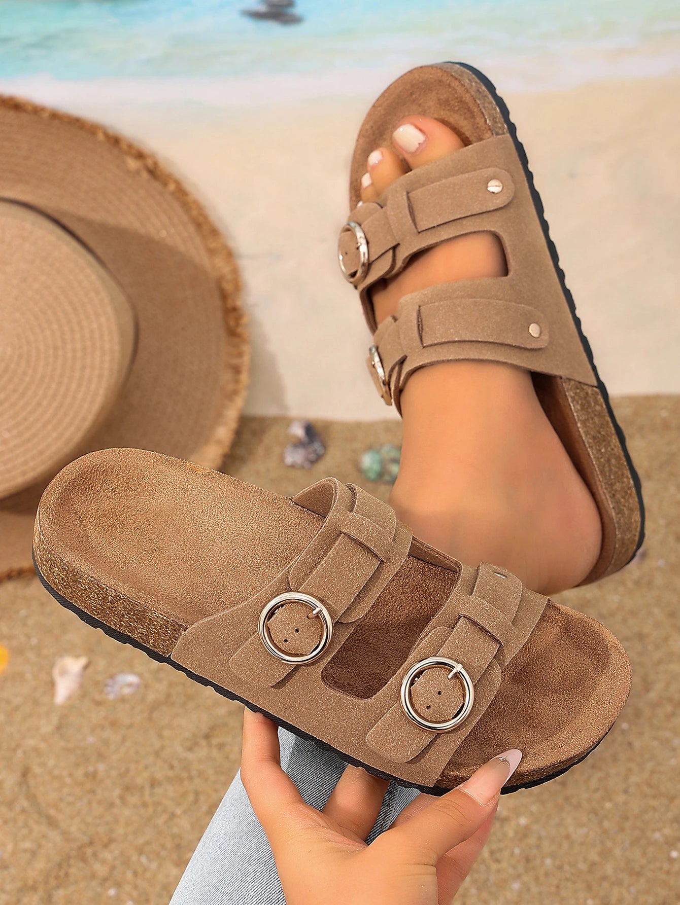 Women's Suede Double Buckle Sandals Comfortable Slip-On Cork Sole Beige Black Gray — Main Image