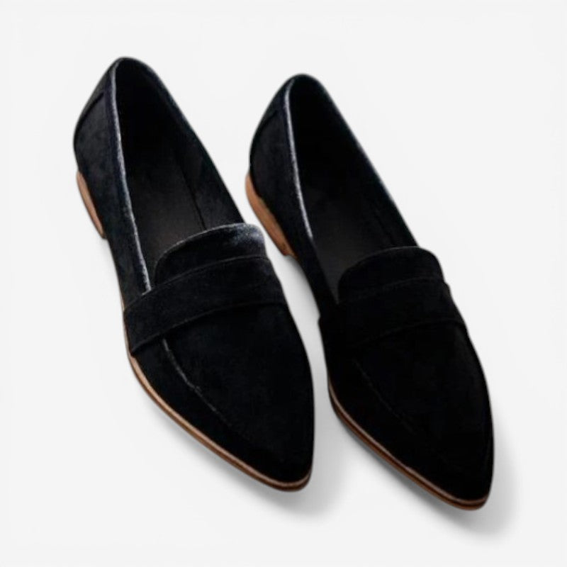 Women's Suede Loafers Pointed Toe Slip-On Flats Cushioned Insole Black — Main Image
