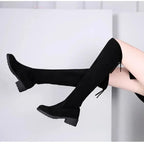 Women's Black Over-the-Knee Suede Boots with Block Heel and Tie Back — Image 4