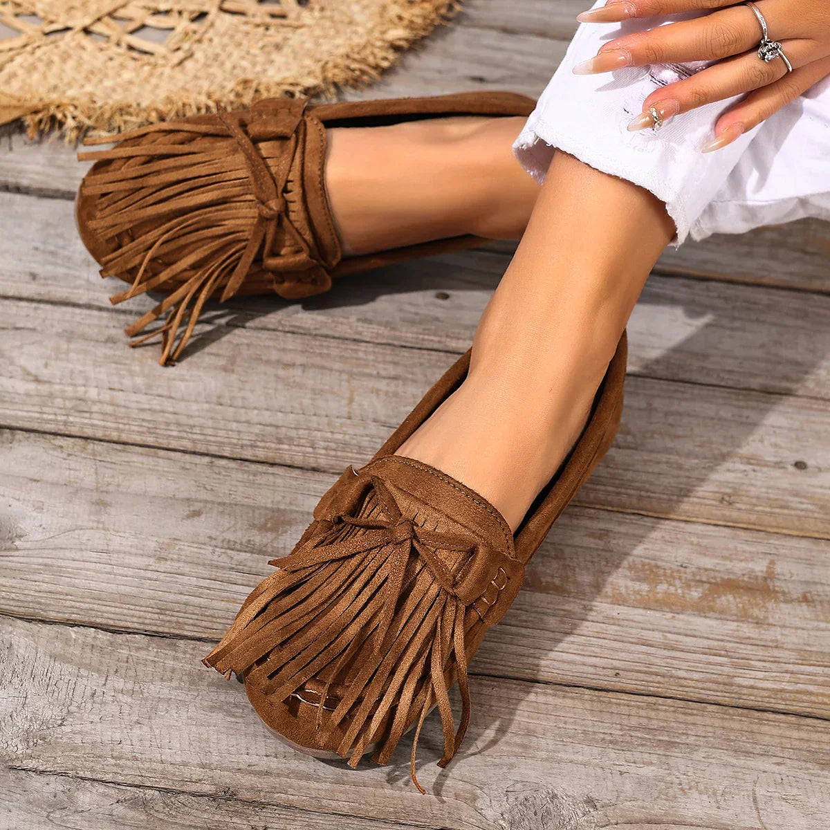 Women's Suede Fringe Loafers Brown Moccasins Slip-On Casual Shoes — Image 4