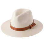 Men's Straw Fedora Hat with Brown Leather Band Lightweight Sun Protection — Image 3
