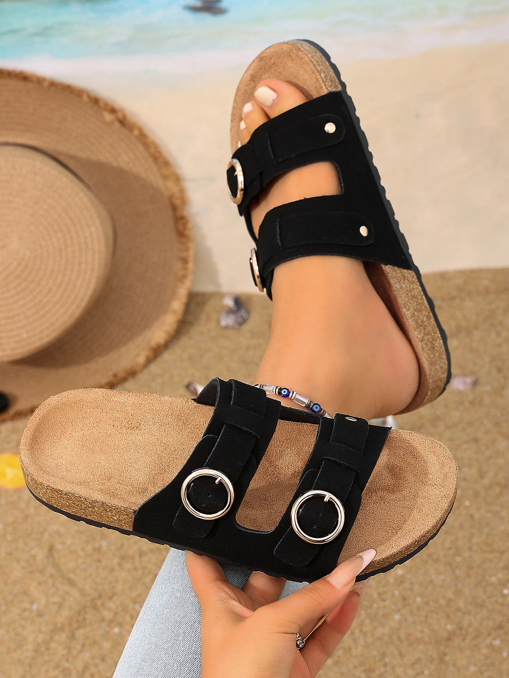Women's Suede Double Buckle Sandals Comfortable Slip-On Cork Sole Beige Black Gray — Image 3