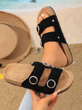 Women's Suede Double Buckle Sandals Comfortable Slip-On Cork Sole Beige Black Gray — Image 3