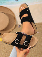 Women's Suede Double Buckle Sandals Comfortable Slip-On Cork Sole Beige Black Gray — Image 3