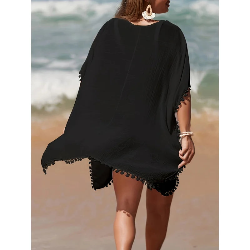 Elegant Women's Beach Cover-Up Black Cotton Pom Pom Trim One Size Summer Swimwear — Image 2
