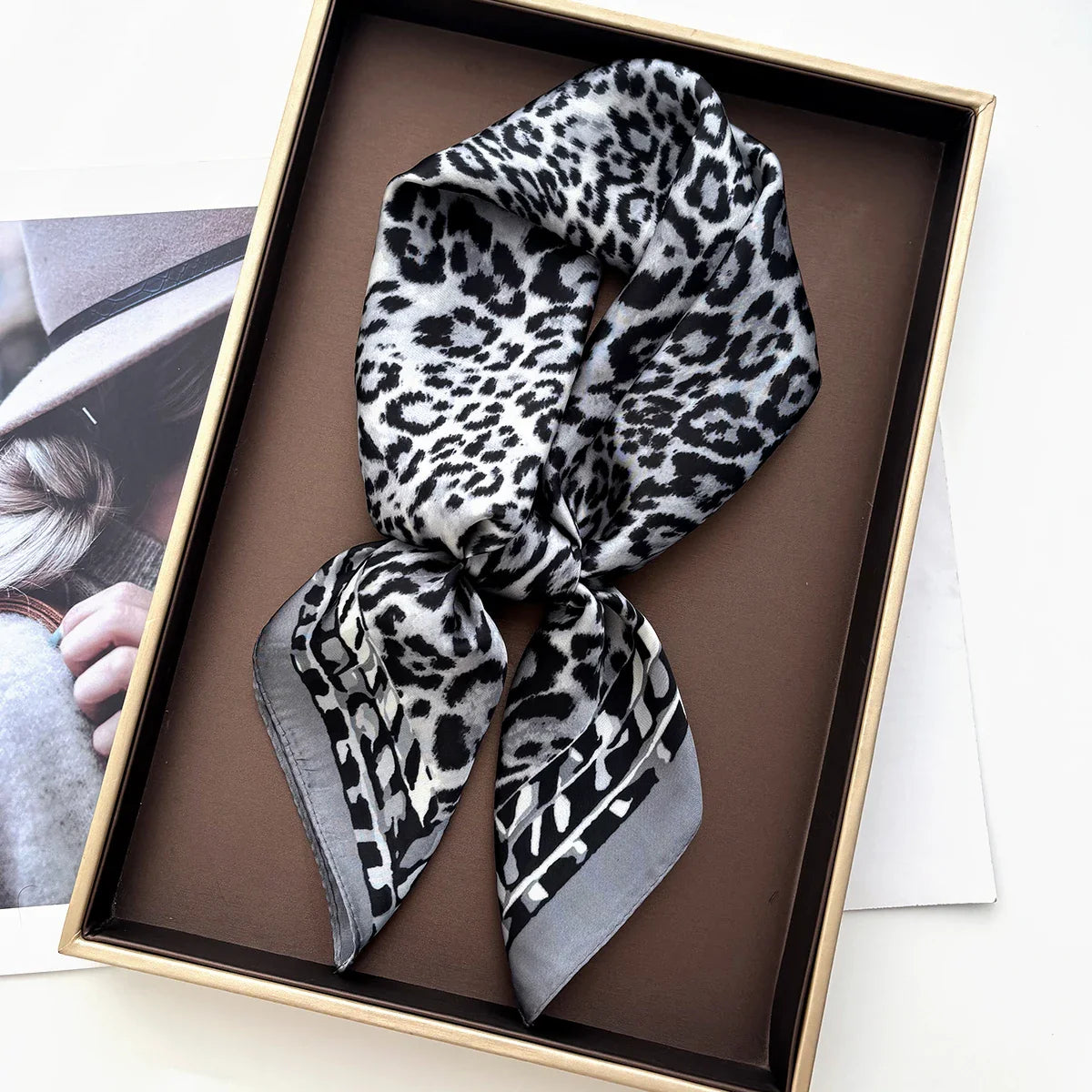 Luxury Leopard Print Satin Silk Scarf Wrap Unisex Fashion Accessory Brown Black — Image 4