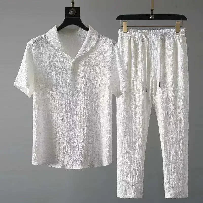 Men's Polo Shirt and Pants Set Cotton Blend Casual Lounge Wear White — Image 3