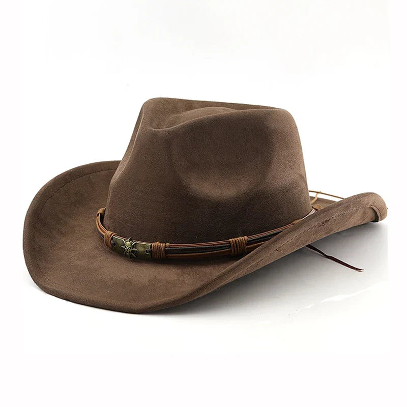 Unisex Vintage Western Cowboy Hat Faux Suede Leather Band Brown Black — Main Image