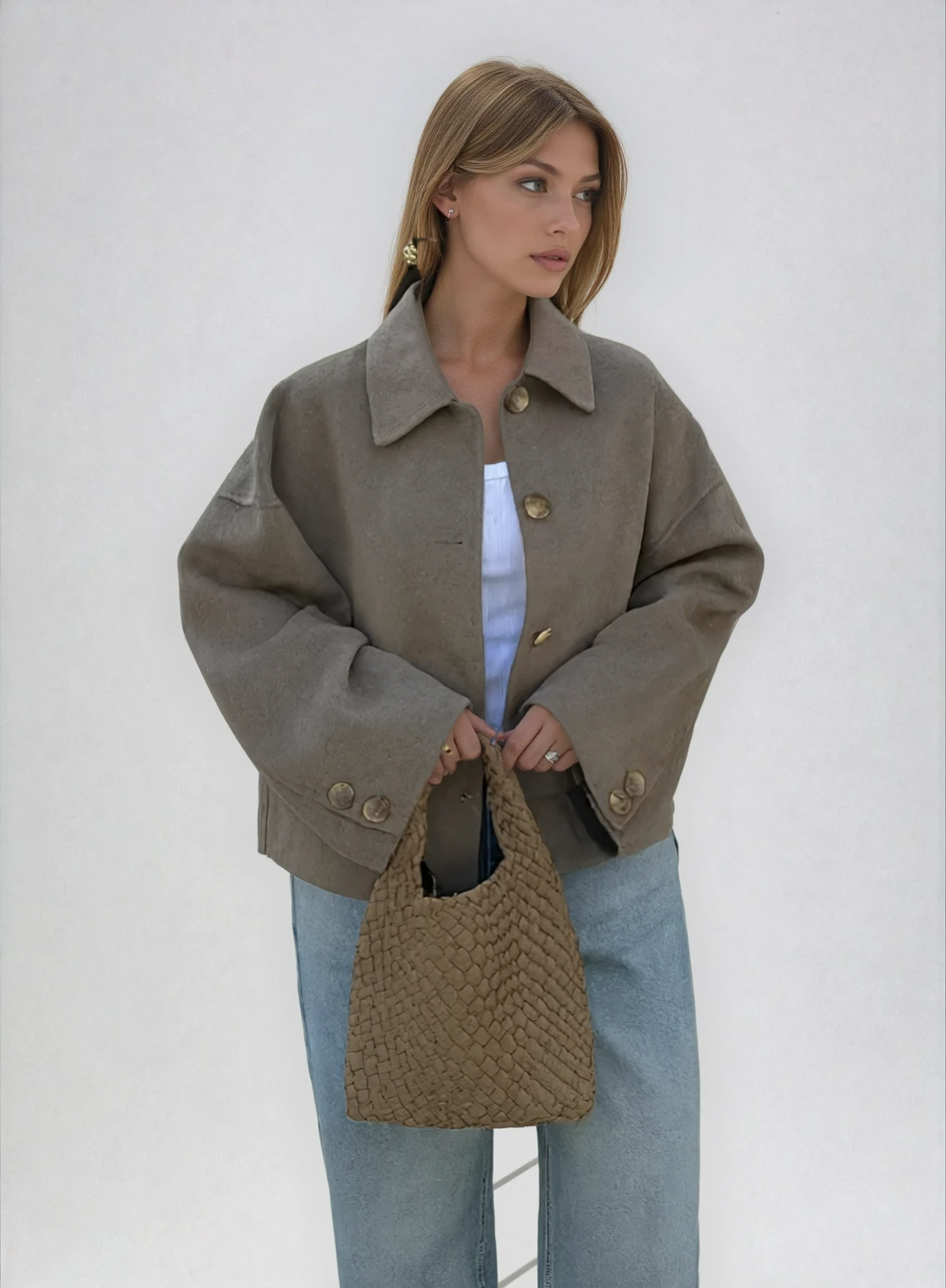 Women's Oversized Wool Blend Jacket Brown Button-Up Casual Outerwear — Main Image