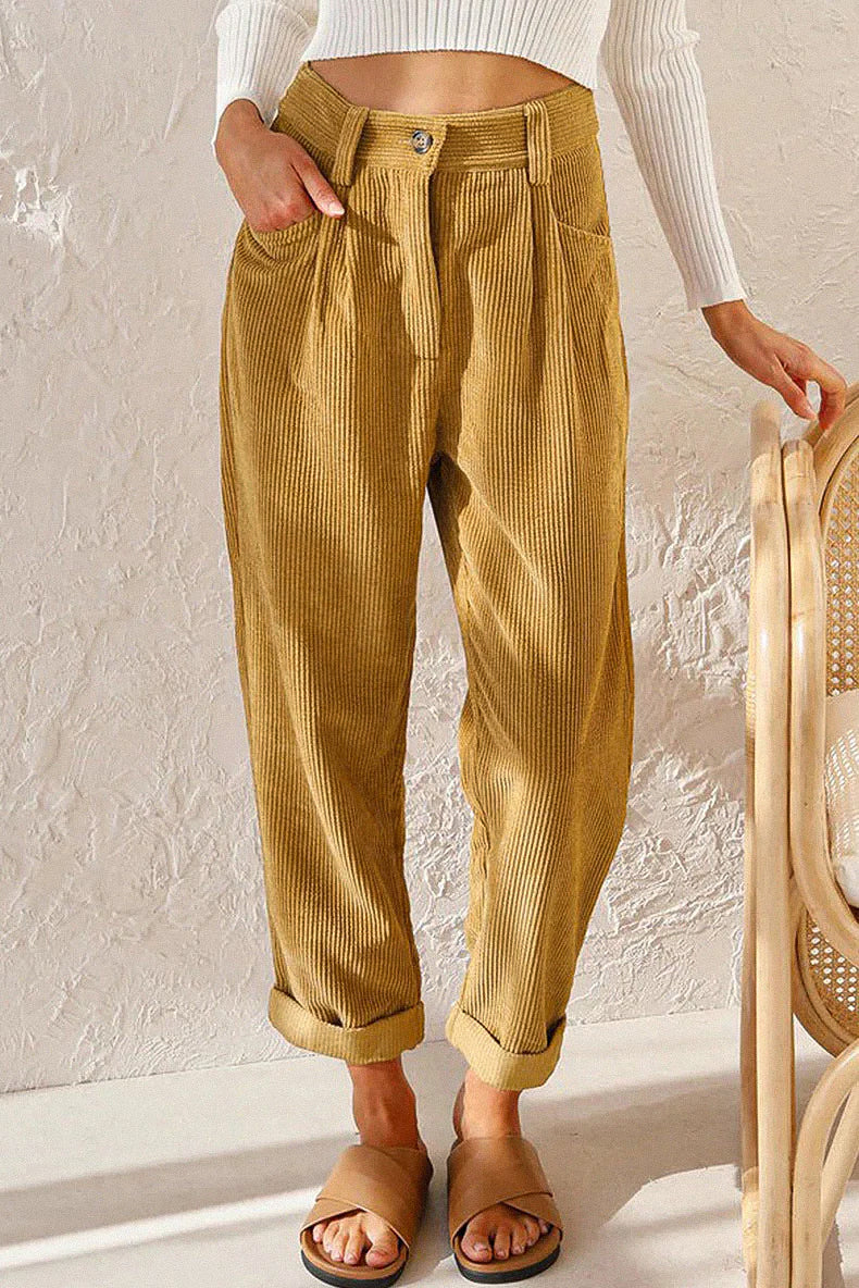 Women's Corduroy Pants Soft High Waist Casual Trousers with Pockets Black — Image 6