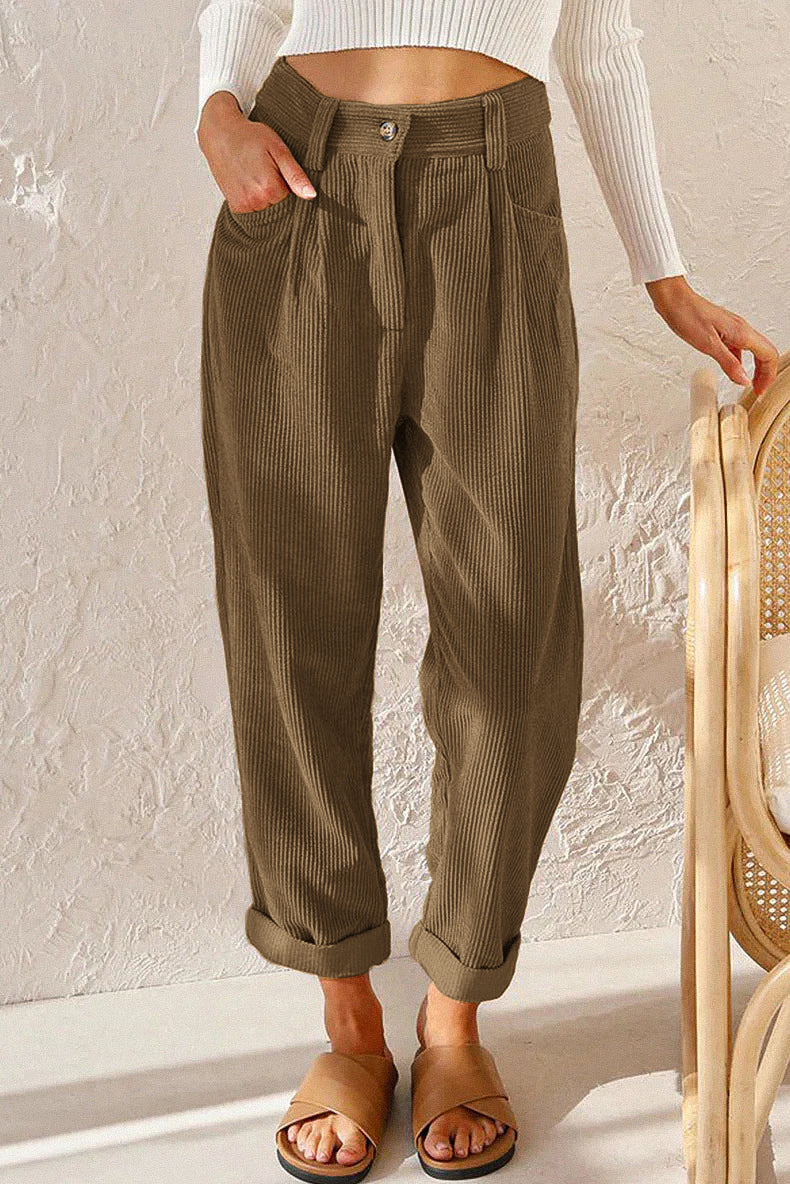Women's Corduroy Pants Soft High Waist Casual Trousers with Pockets Black — Image 10