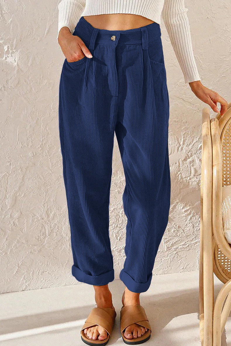 Women's Corduroy Pants Soft High Waist Casual Trousers with Pockets Black — Image 9