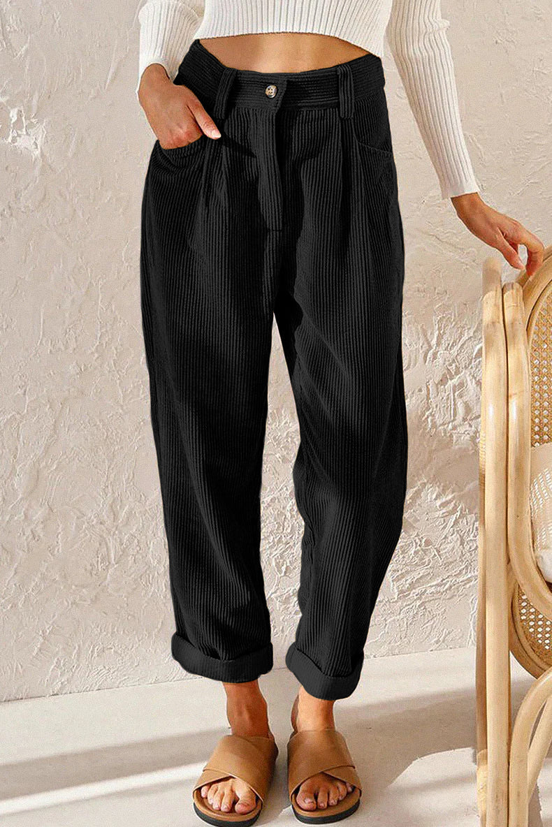 Women's Corduroy Pants Soft High Waist Casual Trousers with Pockets Black — Main Image
