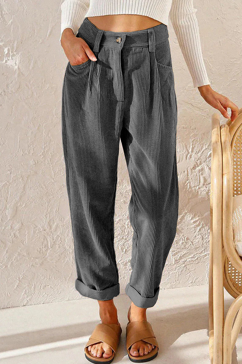 Women's Corduroy Pants Soft High Waist Casual Trousers with Pockets Black — Image 2