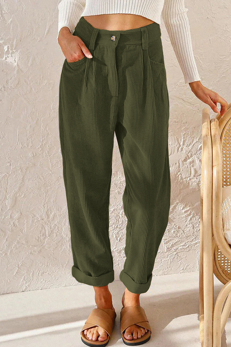 Women's Corduroy Pants Soft High Waist Casual Trousers with Pockets Black — Image 5