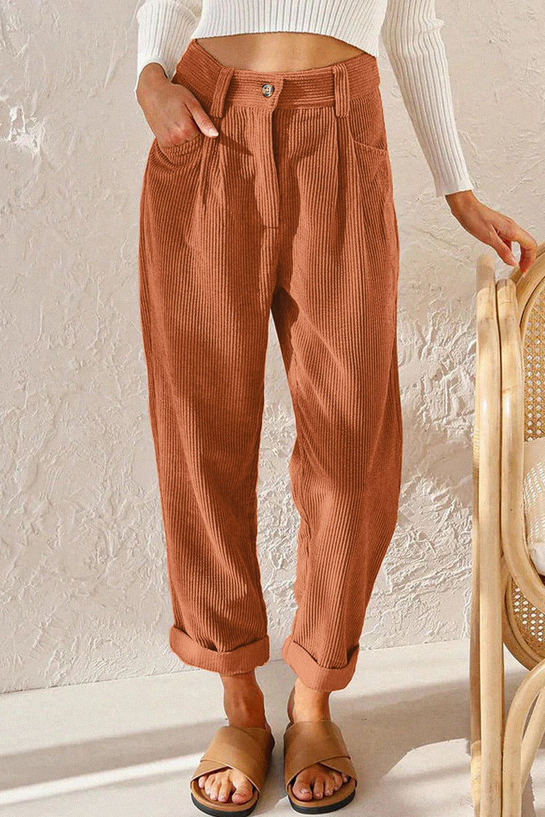 Women's Corduroy Pants Soft High Waist Casual Trousers with Pockets Black — Image 7