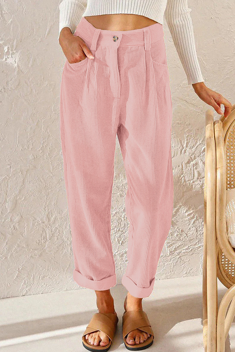 Women's Corduroy Pants Soft High Waist Casual Trousers with Pockets Black — Image 8
