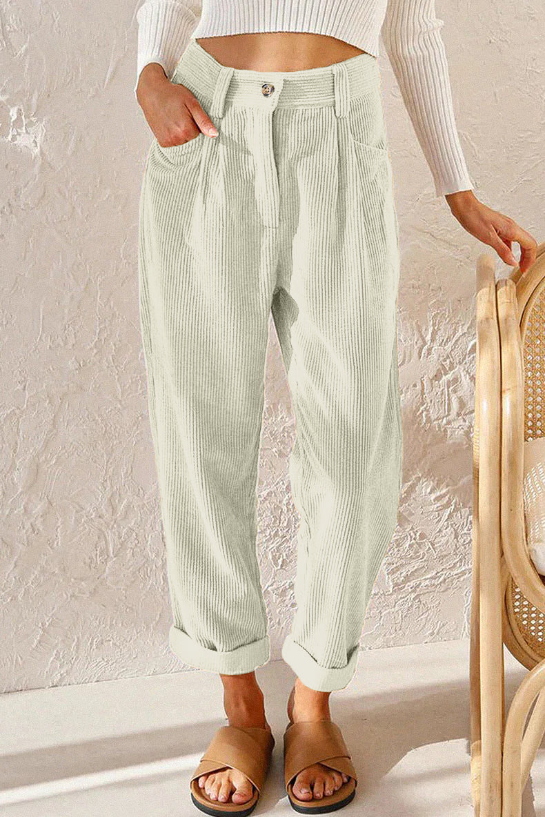 Women's Corduroy Pants Soft High Waist Casual Trousers with Pockets Black — Image 3