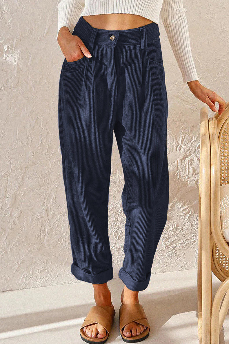 Women's Corduroy Pants Soft High Waist Casual Trousers with Pockets Black — Image 4