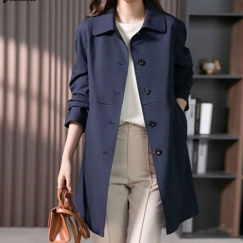 Women's Trench Coat Navy Cotton Blend Lightweight Water-Resistant — Image 2