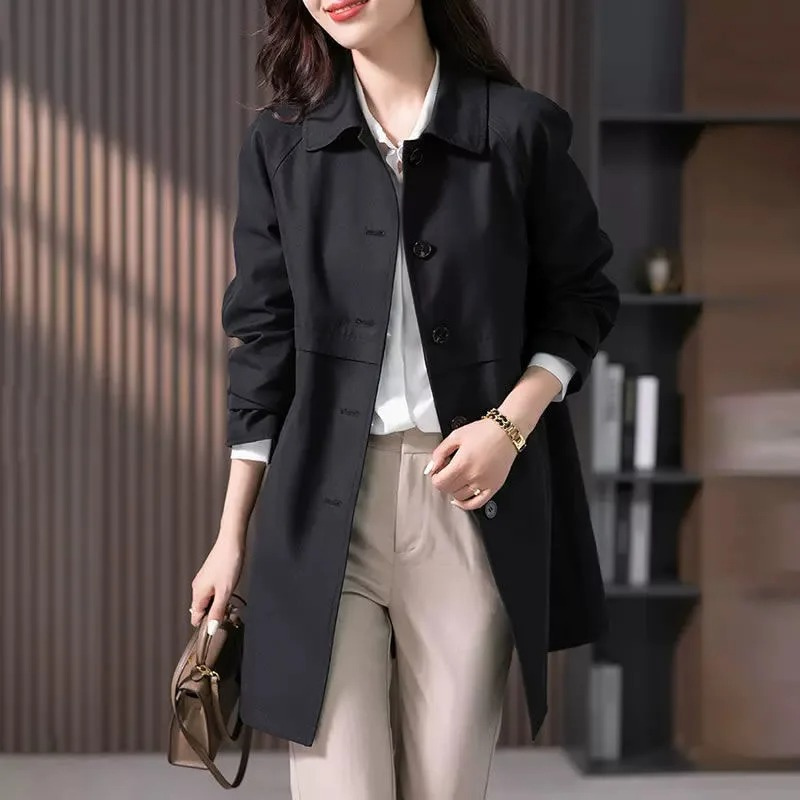 Women's Trench Coat Navy Cotton Blend Lightweight Water-Resistant — Image 5