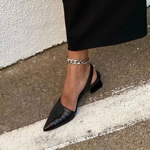 Elegant Croc-Embossed Slingback Block Heels in Black/Brown Faux Leather for Women — Image 2
