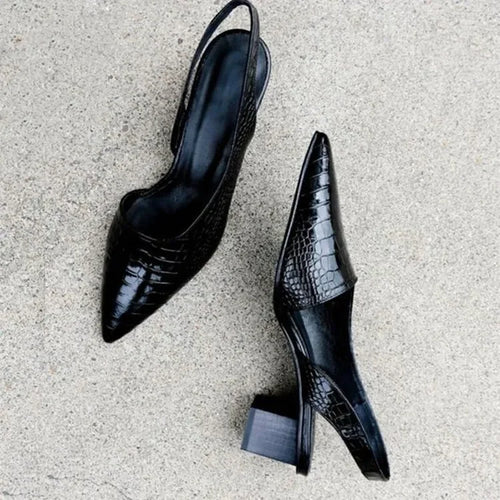 Elegant Croc-Embossed Slingback Block Heels in Black/Brown Faux Leather for Women — Main Image