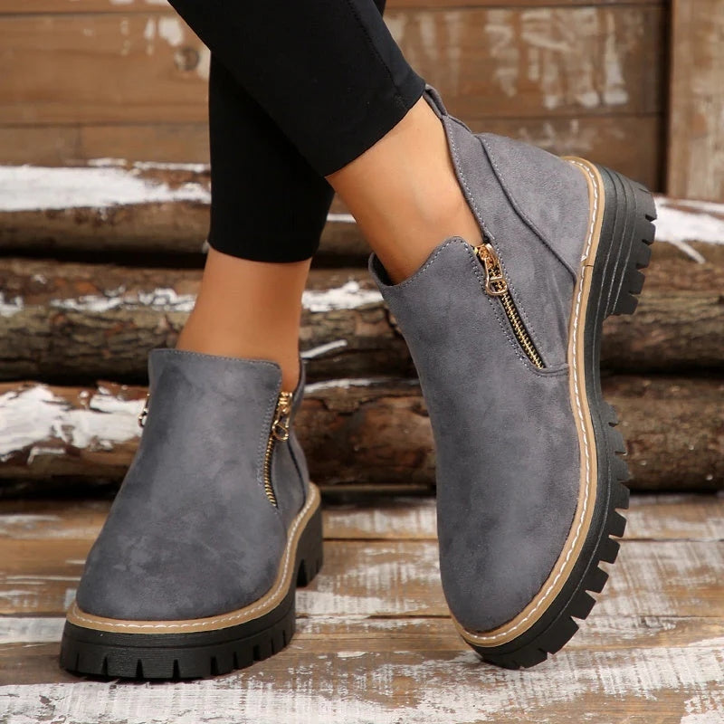 Women's Suede Ankle Boots with Zipper in Black, Gray, Beige - Non-Slip Sole — Image 2