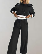 Women's Lounge Set Black Cotton Blend Hoodie Wide Leg Pants Relaxed Fit — Image 5