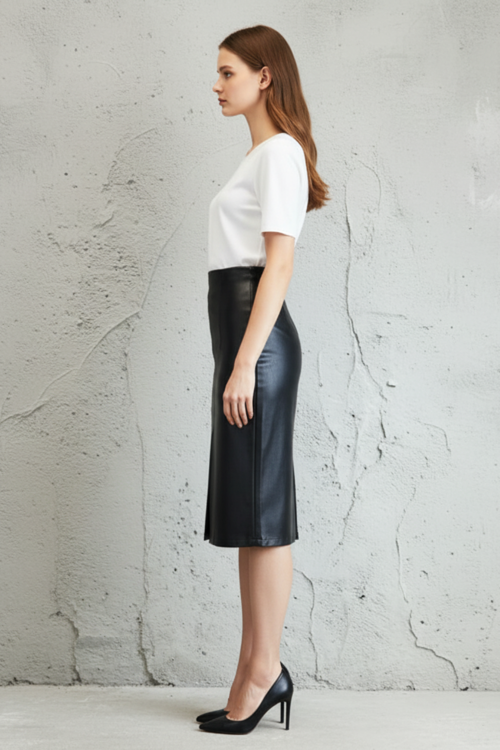 Women's Faux Leather Pencil Skirt High-Waisted Black Midi Office Evening Wear — Image 3