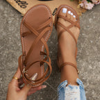 Brand Women's Strappy Flat Sandals Brown Faux Leather Open Toe Ankle Strap — Image 2