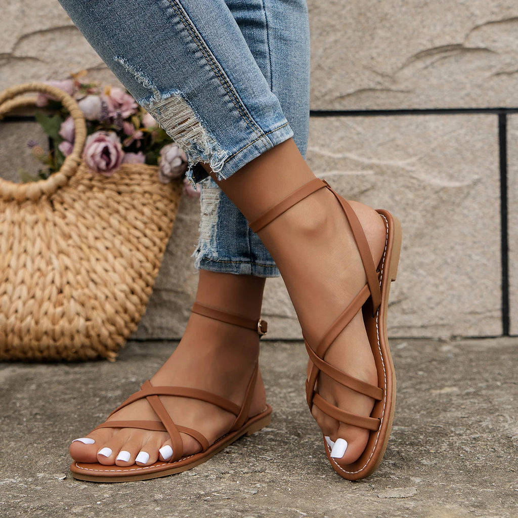 Brand Women's Strappy Flat Sandals Brown Faux Leather Open Toe Ankle Strap — Image 6