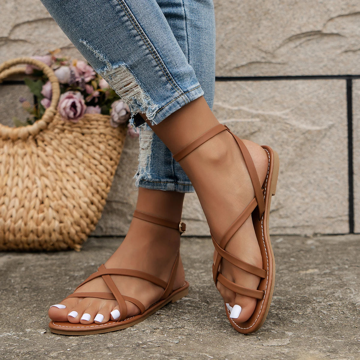 Brand Women's Strappy Flat Sandals Brown Faux Leather Open Toe Ankle Strap — Image 6