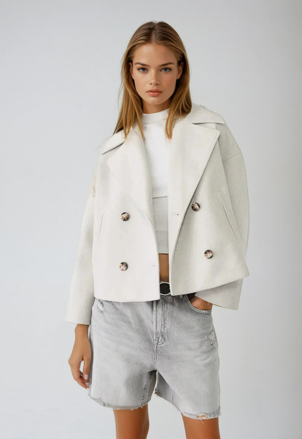 Women's Double-Breasted Wool Blend Peacoat Oversized Lapel Collar Casual Jacket — Main Image