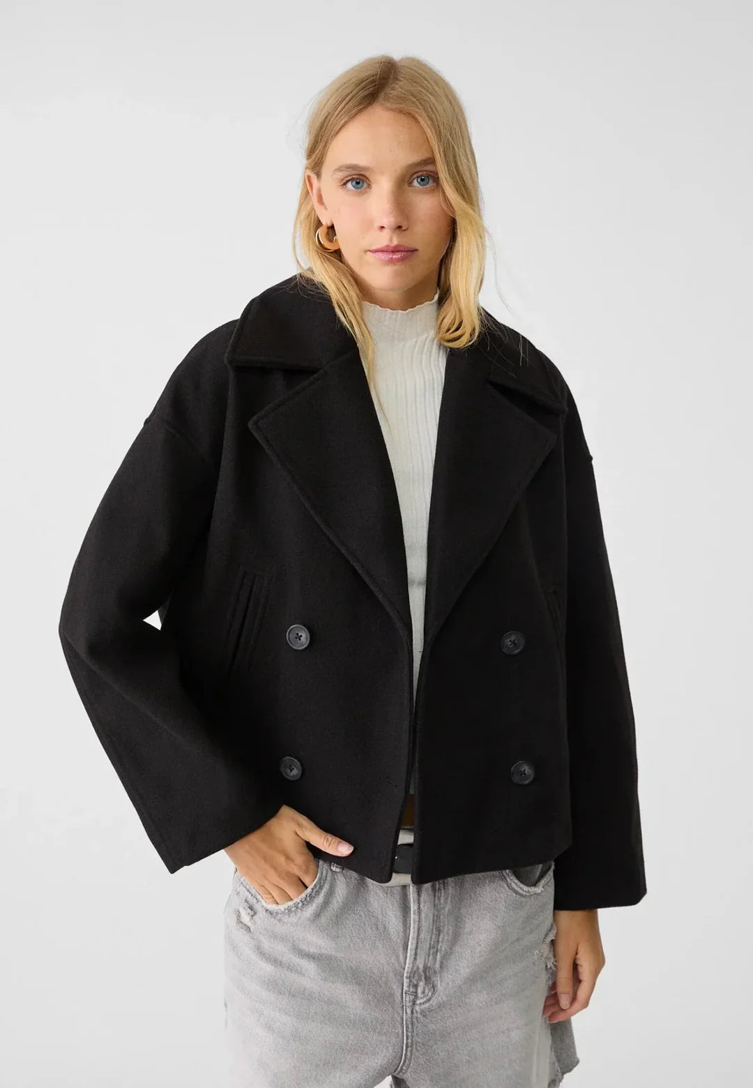 Women's Double-Breasted Wool Blend Peacoat Oversized Lapel Collar Casual Jacket — Image 2