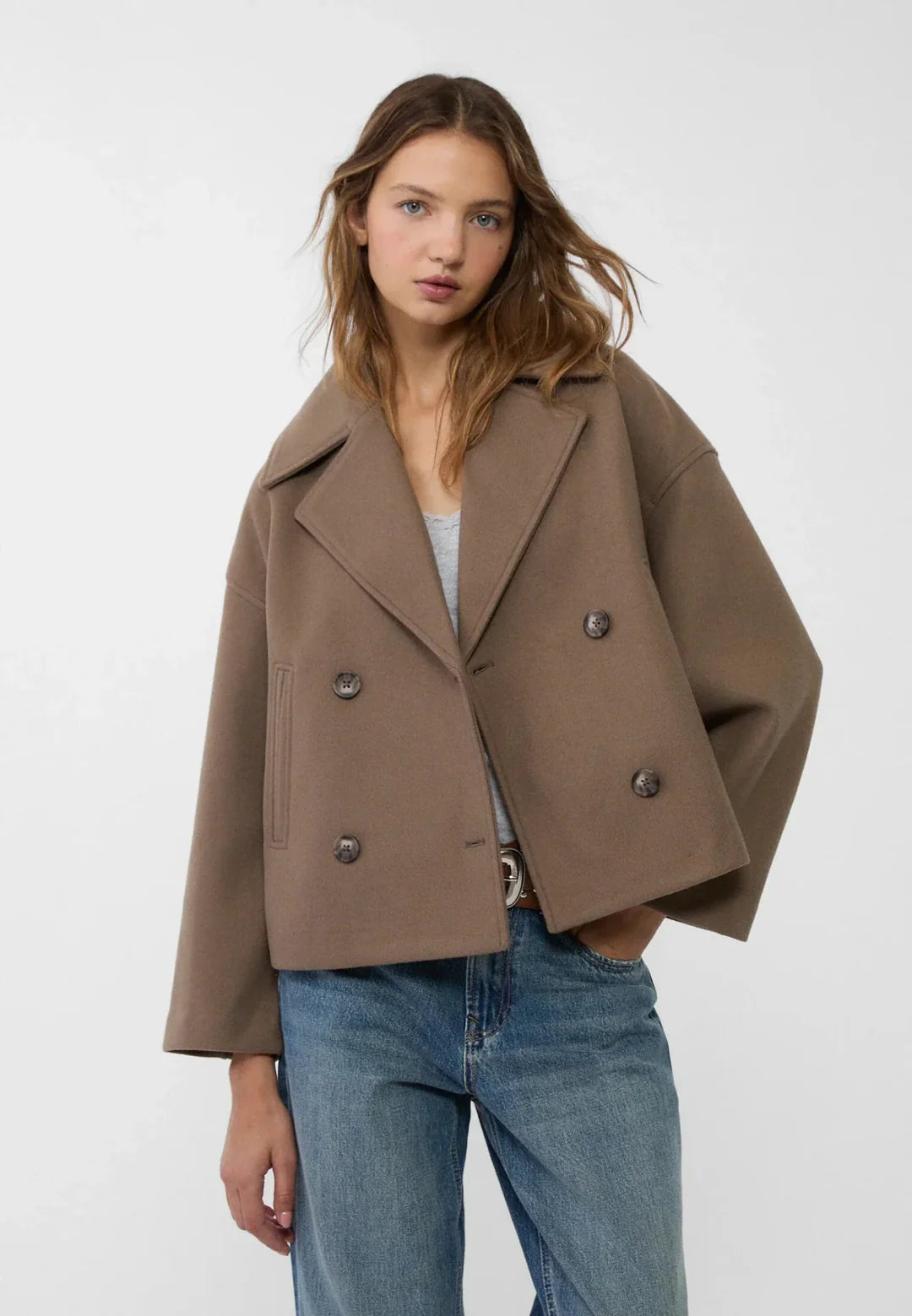 Women's Double-Breasted Wool Blend Peacoat Oversized Lapel Collar Casual Jacket — Image 5
