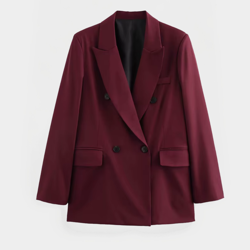 Women's Double-Breasted Blazer Burgundy Polyester Tailored Fit Notched Lapel Office Jacket — Image 5