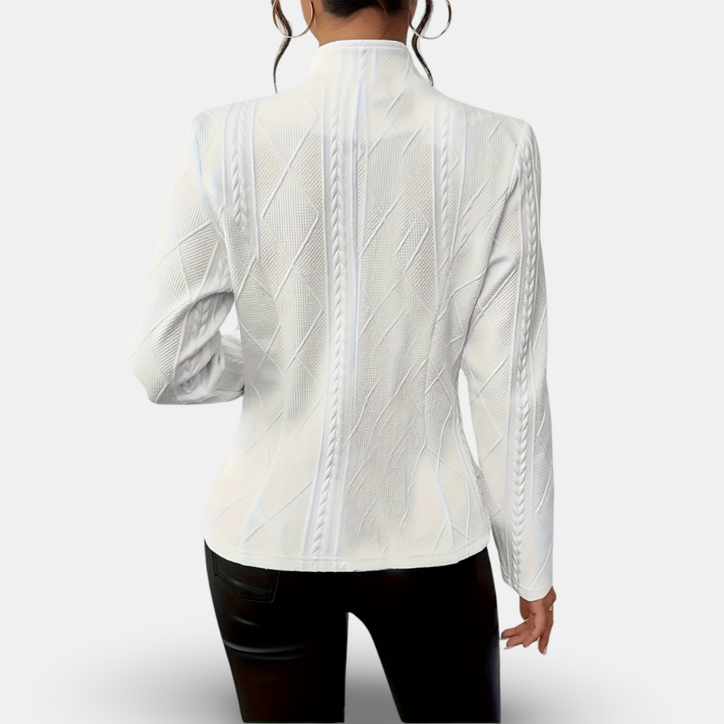 Women's Textured Knit Blazer Jacket Button-Up Cardigan Style White Black Elegant — Image 2