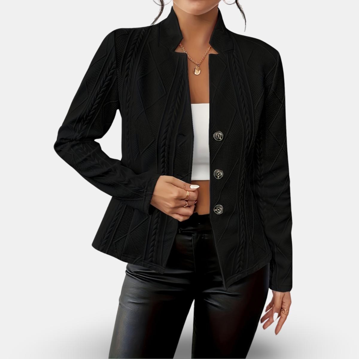 Women's Textured Knit Blazer Jacket Button-Up Cardigan Style White Black Elegant — Image 3