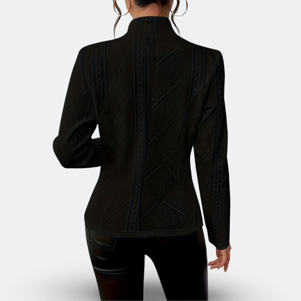 Women's Textured Knit Blazer Jacket Button-Up Cardigan Style White Black Elegant — Image 4