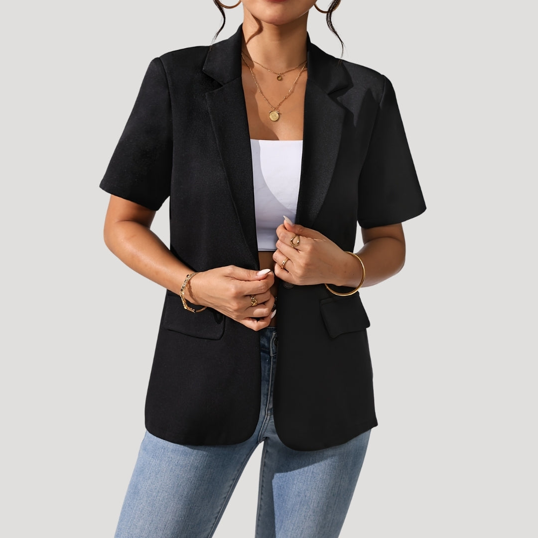 Women's Short Sleeve Blazer Jacket Black Polyester Tailored Fit Business Casual — Main Image