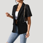 Women's Short Sleeve Blazer Jacket Black Polyester Tailored Fit Business Casual — Image 3