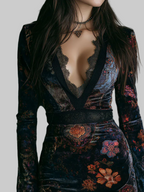 Luxury Floral Velvet Dress with Lace Trim Black Long Sleeve V-Neck Women's Fashion — Image 4