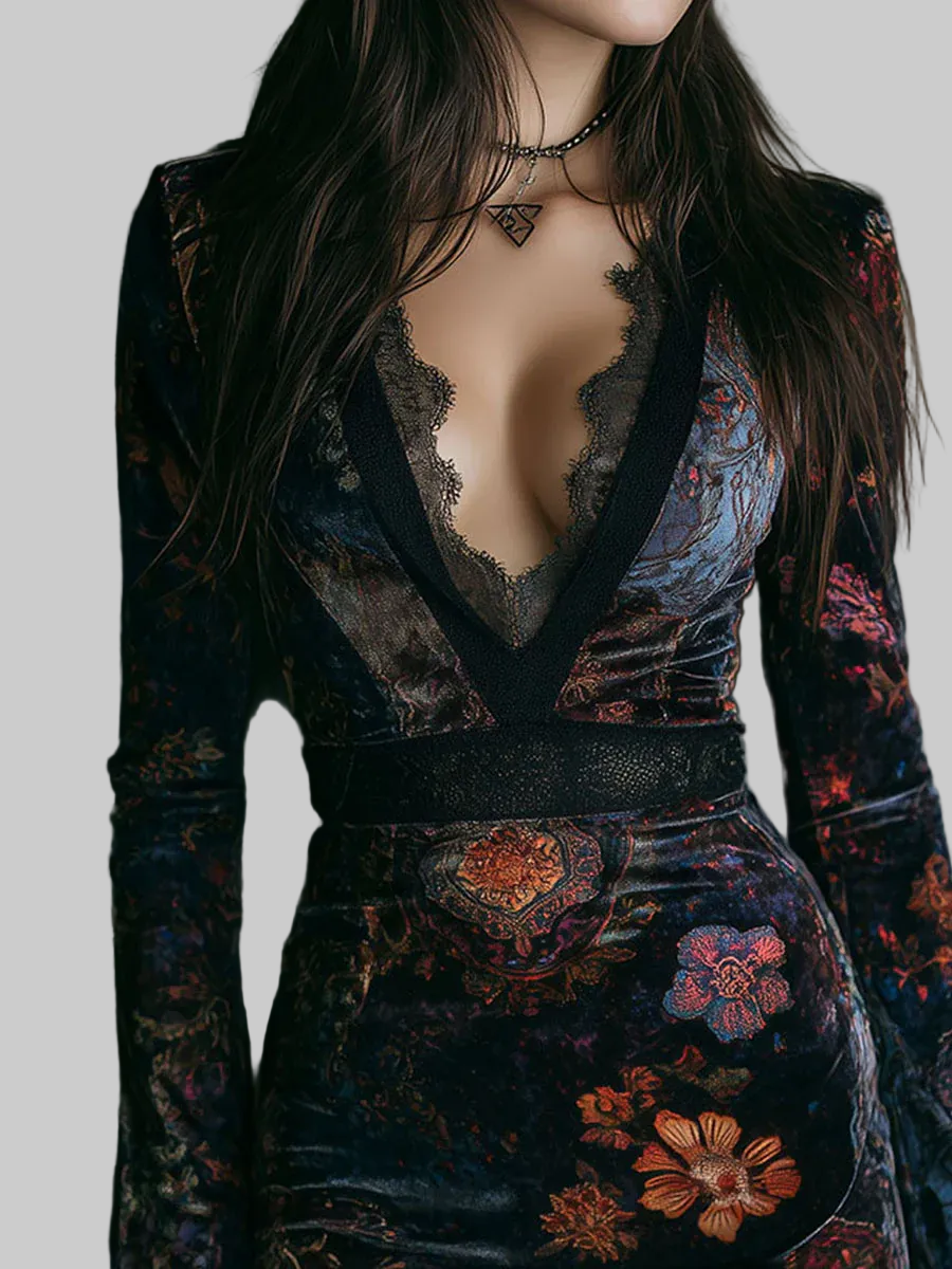 Luxury Floral Velvet Dress with Lace Trim Black Long Sleeve V-Neck Women's Fashion — Image 4