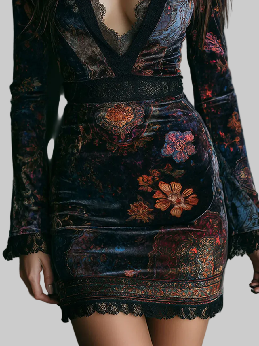 Luxury Floral Velvet Dress with Lace Trim Black Long Sleeve V-Neck Women's Fashion — Image 5