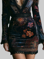 Luxury Floral Velvet Dress with Lace Trim Black Long Sleeve V-Neck Women's Fashion — Image 5