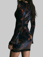 Luxury Floral Velvet Dress with Lace Trim Black Long Sleeve V-Neck Women's Fashion — Image 3
