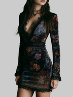 Luxury Floral Velvet Dress with Lace Trim Black Long Sleeve V-Neck Women's Fashion — Image 2